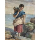 William Maw Egley, watercolour, fishergirl standing on coastal rocks with basket of fish, signed and