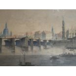 Watercolour, European riverscape with boats on river beneath arched bridge, unsigned, mounted & gilt