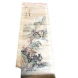 Japanese school scroll painting, landscape watercolour on silk, signed with characters and chomp
