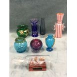 Miscellaneous glass vases including enamelled, crackled, blue crystal cut, art glass, etc; and a