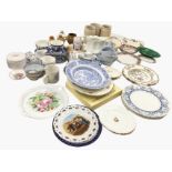 Miscellaneous ceramics including stoneware storage jars, a Susie Cooper trio, Wedgwood, mugs, willow