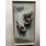 FC Cheung, oil on canvas, junks afloat, signed and framed. (12in x 24in)