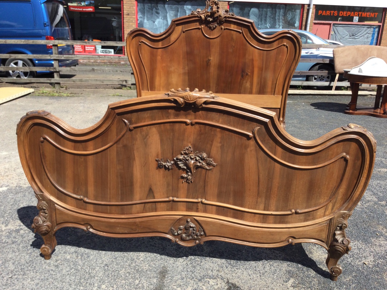 A Louis Quaize style carved walnut double bed with scroll moulded panelled headboard and - Image 3 of 3