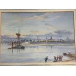 Frank Wood, watercolour, view of Berwick upon Tweed from Tweedmouth with salmon fishermen in