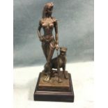 Césaro, bronze, Egyptian style lady with seated cheetah on lead, standing on square paved plinth,