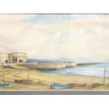 FG Edwards, pencil & watercolour, study of Beadnell bay with lime kilns, figures and sailing