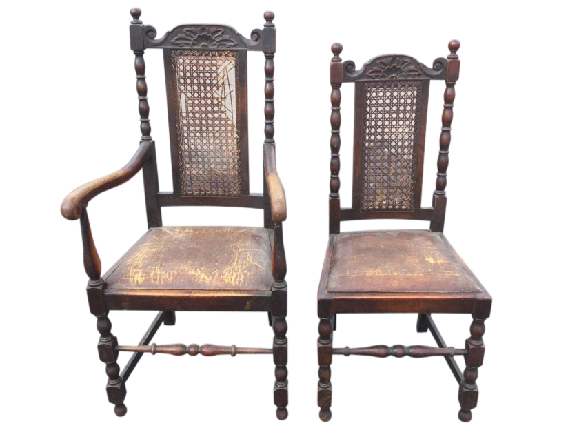 A pair of oak Elizabethan style chairs, a carver and a single, the backs with cane panels framed