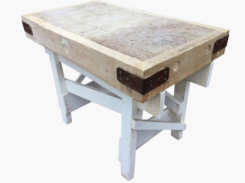 A rectangular panelled butchers block with iron mounts on painted stand. (42in x 24.25in x 32.25in)