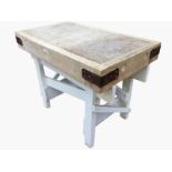 A rectangular panelled butchers block with iron mounts on painted stand. (42in x 24.25in x 32.25in)