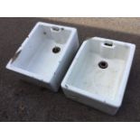 A near pair of rectangular 2ft glazed belfast sinks with integral overflows. (18in x 24in x 10in) (