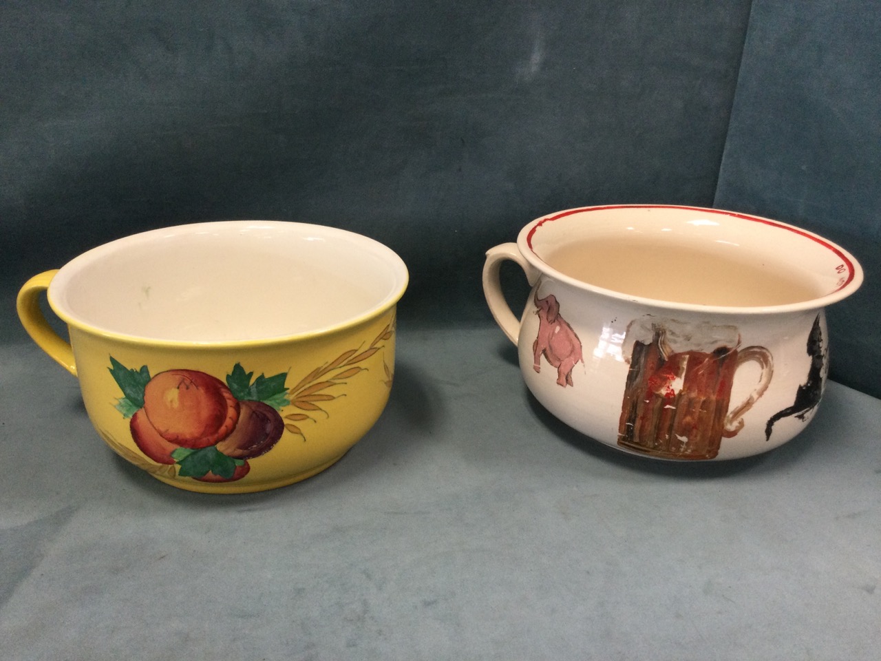 A Minton handpainted chamber pot glazed with fruit on yellow ground; an Arthur Wood potty - Image 2 of 3