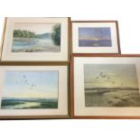 C20th watercolour, river landscape with single fisherman, signed indistinctly, mounted & framed; and