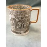 An eighteenth century pearlware tankard decorated with sepia a chinoiserie scene beneath foliate