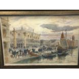Alexander Ballingall, pencil & watercolour, Venetian scene with boats and figures on quayside,