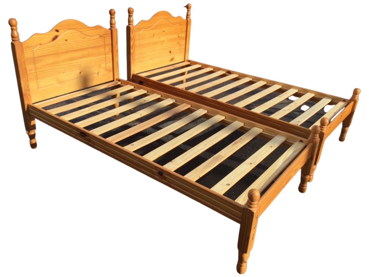 A pair of pine single divan beds, the arched headboards with panels framed by square cornerposts - Image 2 of 3