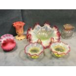 Two small matt finished Webb type glass vases with crimped rims - one with painted floral