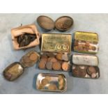 Miscellaneous tins and purses containing a collection of coins including threepenny bits, copper,