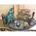 Miscellaneous items including an old school bell, a miners lamp, two oak panels of tourist badges,