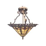 A Tiffany style stained glass plaffoniere, the conical shade of amber colour with leaded glass