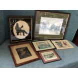 A large framed nineteenth century silhouette of a seated gentleman reading; a pair of Japanese