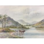 J Douglas, watercolour, Scottish landscape with cows watering, signed, titled on mount Loch