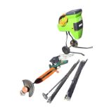A quiet electric garden shredder on trolley stand; a Black & Decker electric strimmer; and a set