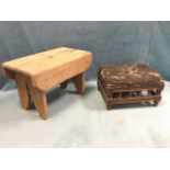 A pine cracket stool on angled supports; and a rectantular late Victorian footstool with rows of