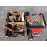 A small chest of mechanics tools including spanners, pliers, a socket set, etc.; and two boxes of