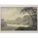 William Gilpin, monochrome watercolour wash, lake landscape, stamped monogram, mounted & framed with