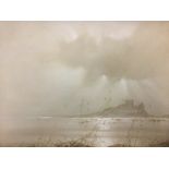 Colin Rule, oil on board, atmospheric monochrome study of Bamburgh Castle from the beach with