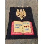 A northern hookey mat commemorating The Iveston Domesday Book 1085, with rag sewn book panel beneath
