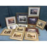 Thirteen Thomas Kinkade framed oileographic prints, some in sets and titled, pairs, some with