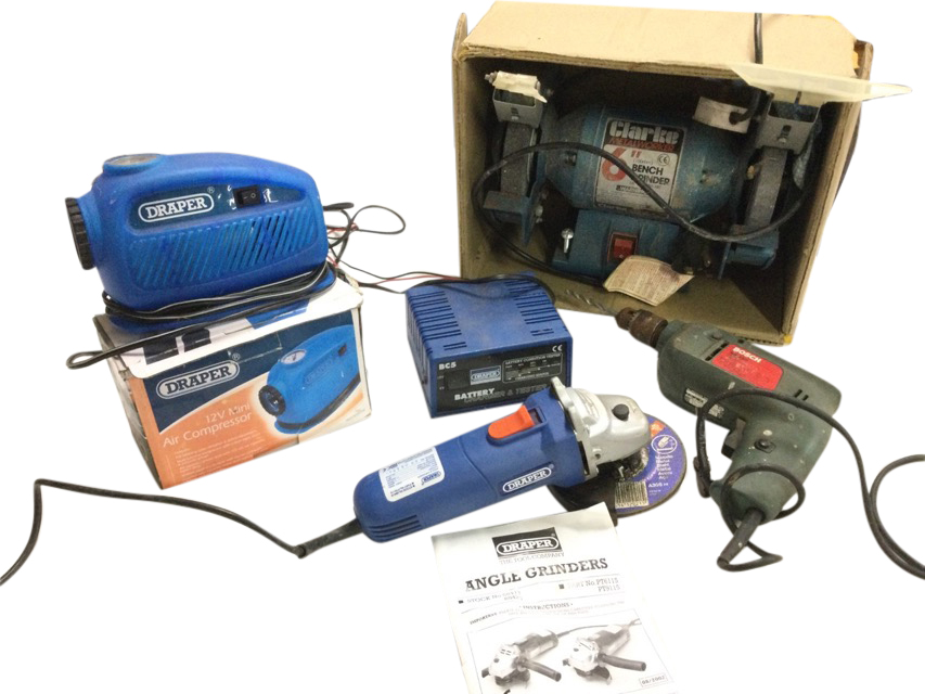 Miscellaneous electrical hand tools - a Draper anglegrinder, a Bosch drill, a Clarke bench