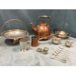 Miscellaneous metalware including a set of hallmarked silver spoons, an EP three-piece teaset, a