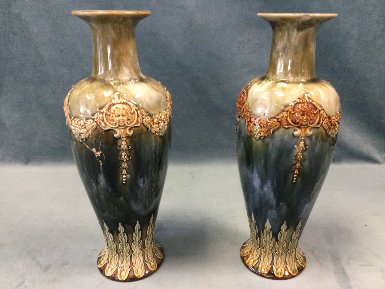 A pair of Royal Doulton tapering stoneware vases with waisted necks, having applied swagged - Image 2 of 3