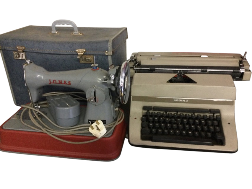 An Imperial manual typewriter; and a cased Jones cast iron sewing machine. (2)