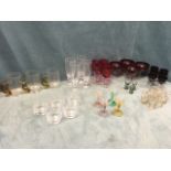 Miscellaneous glass including a set of four signed hand-made flutes, a vine enamelled cranberry
