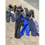 Miscellaneous motorbike gear including helmets, protective clothing, waterproof trousers, boiler