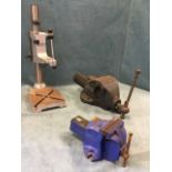 Two Record cast iron bench vices; a Piranha bench drill stand. (3)