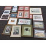 A miscellaneous box of framed prints, some signed & numbered, sporting cartoons, coloured