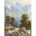 J Douglas, watercolour, highland landscape with figure and dog on track, signed, titled to mount