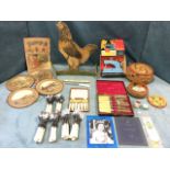 Miscellaneous collectors items including a fretwork chicken on stand with mechanism to produce eggs,