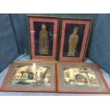 Diaz, a pair, handcoloured Spanish courtyard scenes, signed, mounted & framed; and a pair of gilt