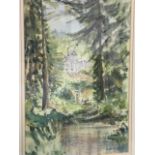 Helen Stuart, watercolour, study of Cragside looking through trees, signed, artists gallery label to