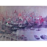 Fung Sao Fung, coloured print, junks at sunset - titled to label verso, signed in print, mounted &