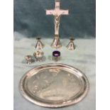 A cased/boxed chromed communion set with six vessels and crucifix on oval engraved tray. (8)