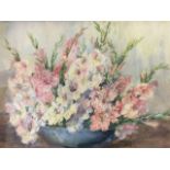 Marion Broom, watercolour, bowl of gladioli flowers, signed and framed. (29.75in x 21.75in)