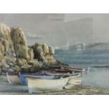 JA Flintham, watercolour, coastal view with boats tied up by rocks, signed, mounted & framed. (14.