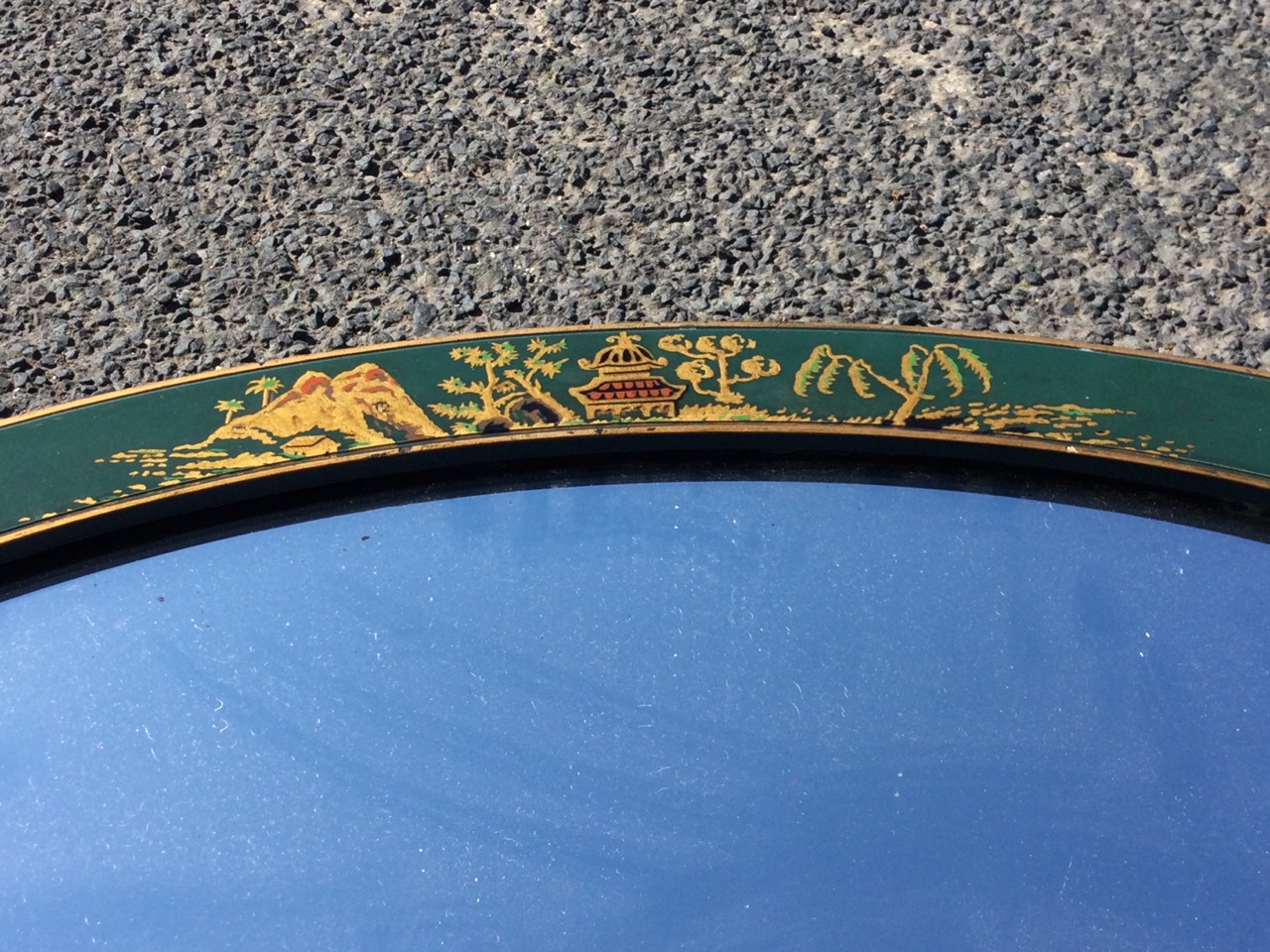 An oval lacquer framed mirror, the bevelled plate in green border framed by gilt bands, decorated - Image 2 of 3