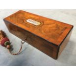 A Victorian walnut cased glove box with satinwood crossbanded hinged cover, having mother-of-pearl